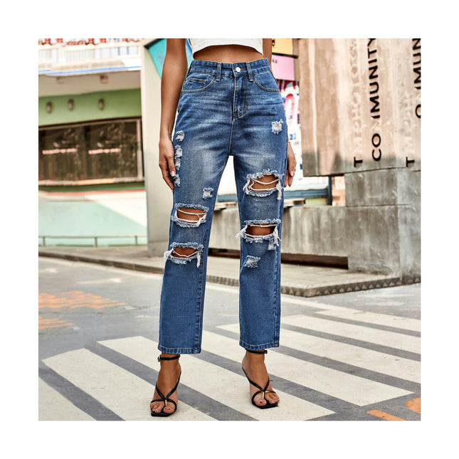 Womens High Waisted Straight Leg Ankle Jeans Casual Distressed Denim Pants