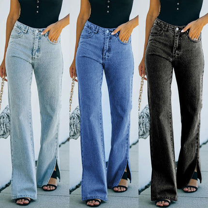 Women's Casual Mid Rise Jeans Split Hem Straight Leg Denim Pants