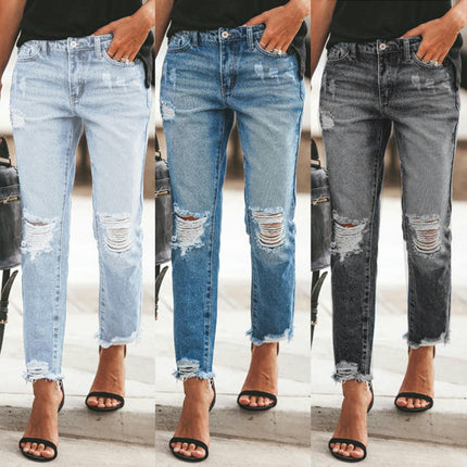 Women's Ripped Boyfriend Denim Pants Mid Rise Straight Leg Distressed Jeans