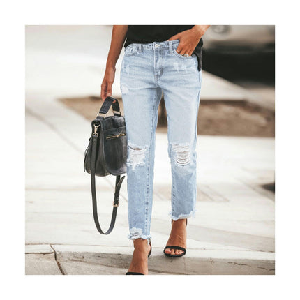 Women's Ripped Boyfriend Denim Pants Mid Rise Straight Leg Distressed Jeans