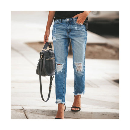 Women's Ripped Boyfriend Denim Pants Mid Rise Straight Leg Distressed Jeans