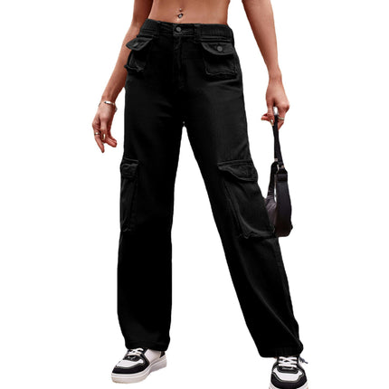 Women Mid Waisted Cargo Pants Straight Leg Casual Pants with Pockets