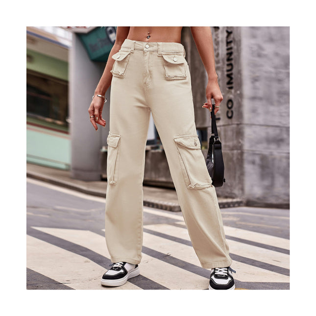 Women Mid Waisted Cargo Pants Straight Leg Casual Pants with Pockets