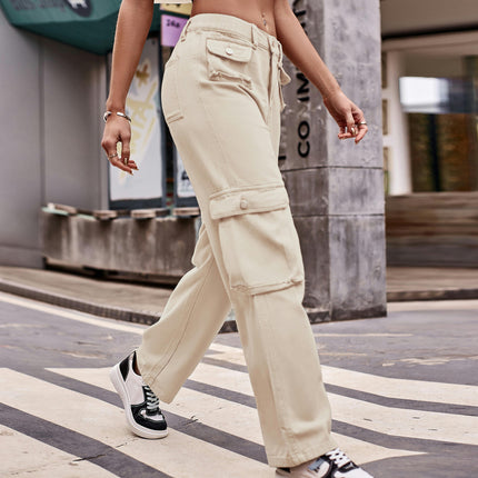 Women Mid Waisted Cargo Pants Straight Leg Casual Pants with Pockets