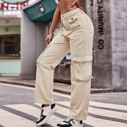 Women Mid Waisted Cargo Pants Straight Leg Casual Pants with Pockets