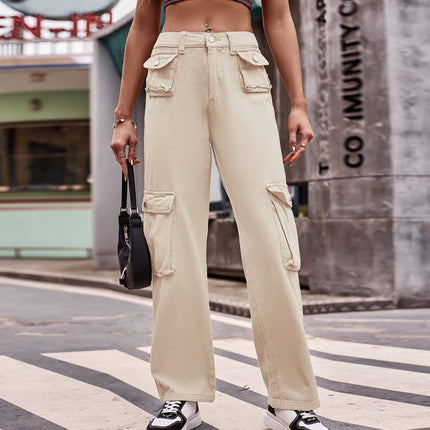 Women Mid Waisted Cargo Pants Straight Leg Casual Pants with Pockets