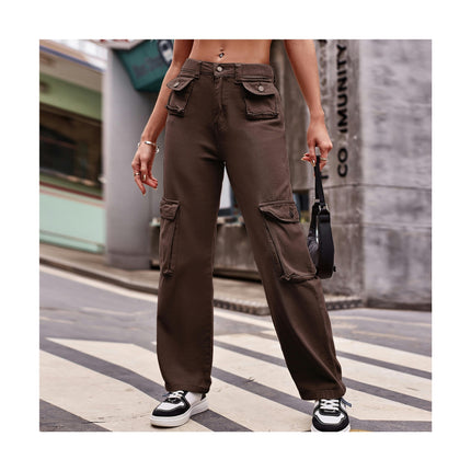 Women Mid Waisted Cargo Pants Straight Leg Casual Pants with Pockets