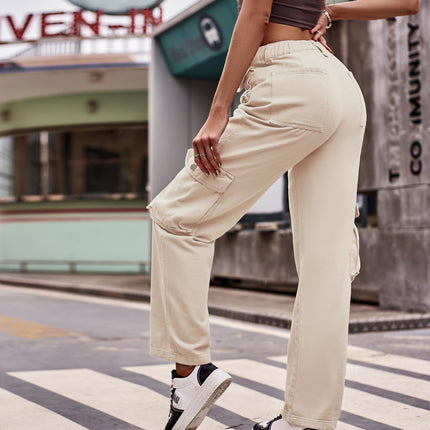 Women Mid Waisted Cargo Pants Straight Leg Casual Pants with Pockets