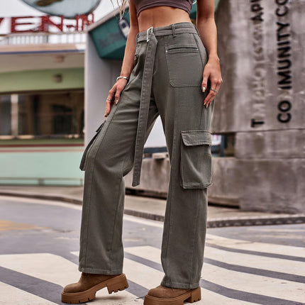 Women's Cargo Pants Casual High Waisted Straight Leg Baggy Pants with Belt