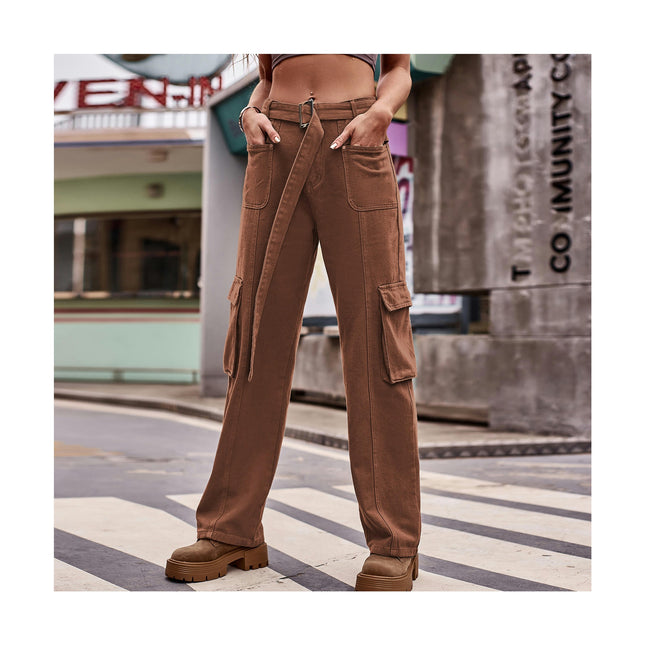 Women's Cargo Pants Casual High Waisted Straight Leg Baggy Pants with Belt