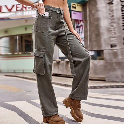 Women's Cargo Pants Casual High Waisted Straight Leg Baggy Pants with Belt