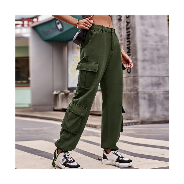 Womens Casual Cargo Pants with Multi Pockets Stright Leg Baggy Trousers