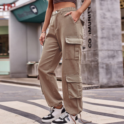 Womens Casual Cargo Pants with Multi Pockets Stright Leg Baggy Trousers