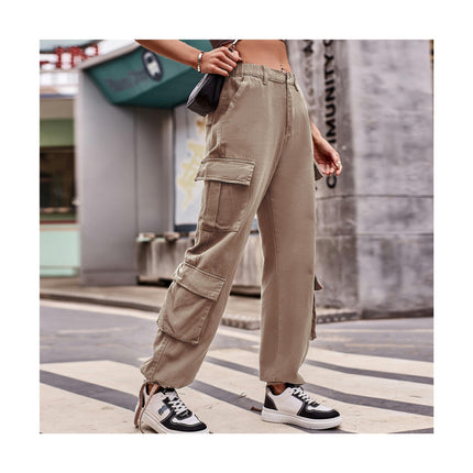 Womens Casual Cargo Pants with Multi Pockets Stright Leg Baggy Trousers