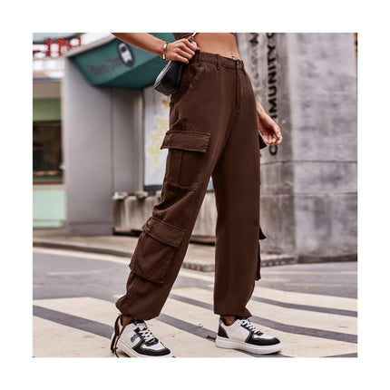 Womens Casual Cargo Pants with Multi Pockets Stright Leg Baggy Trousers