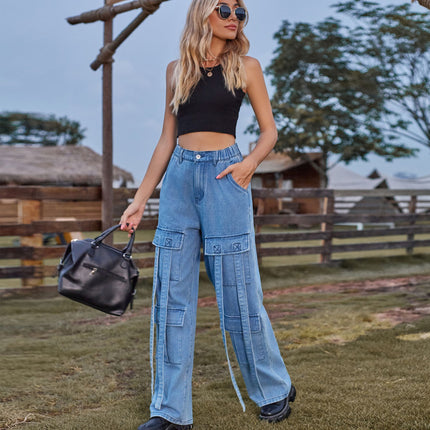 Women High Waisted Cargo Denim Pants Wide Leg Casual Jeans