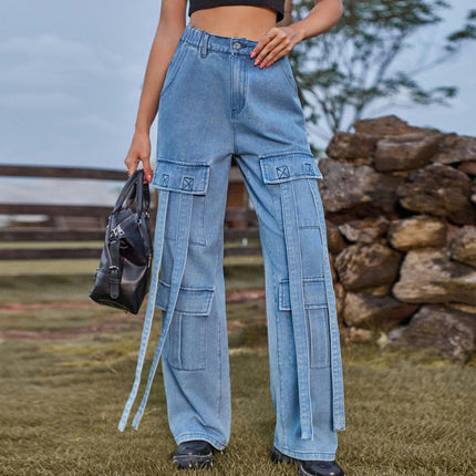 Women High Waisted Cargo Denim Pants Wide Leg Casual Jeans