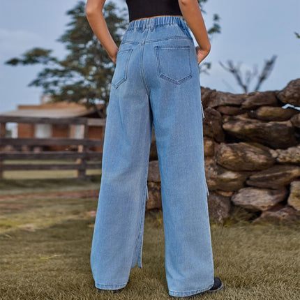 Women High Waisted Cargo Denim Pants Wide Leg Casual Jeans