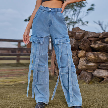 Women High Waisted Cargo Denim Pants Wide Leg Casual Jeans