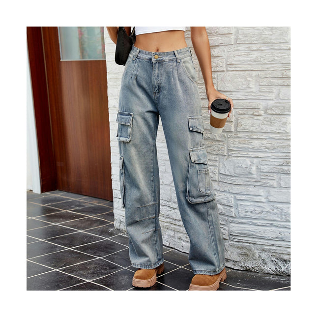 Women High Waisted Cargo Denim Pants Wide Leg Casual Jeans Pants