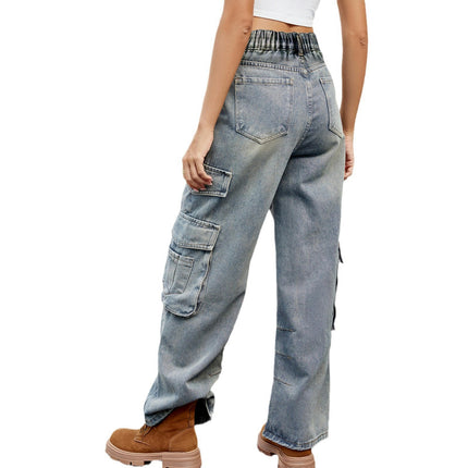 Women High Waisted Cargo Denim Pants Wide Leg Casual Jeans Pants