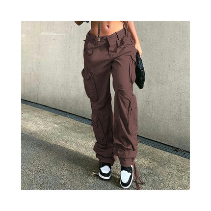 Women Casual Loose Mid Rise Cargo Pants Straight Wide Leg Denim Pants