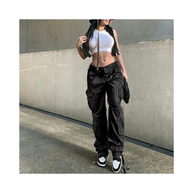 Women Casual Loose Mid Rise Cargo Pants Straight Wide Leg Denim Pants