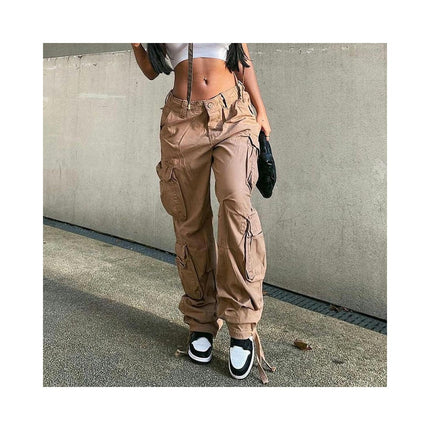 Women Casual Loose Mid Rise Cargo Pants Straight Wide Leg Denim Pants