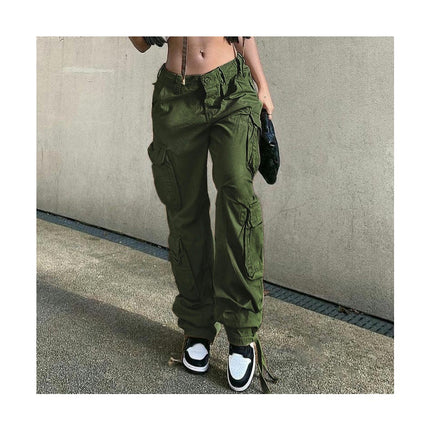 Women Casual Loose Mid Rise Cargo Pants Straight Wide Leg Denim Pants