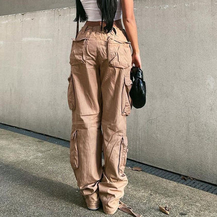 Women Casual Loose Mid Rise Cargo Pants Straight Wide Leg Denim Pants