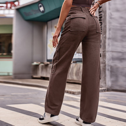 Women Casual Mid Rise Cargo Pants Straight Leg Multiple Pockets Denim Pants