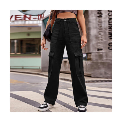 Women Casual Mid Rise Cargo Pants Straight Leg Multiple Pockets Denim Pants