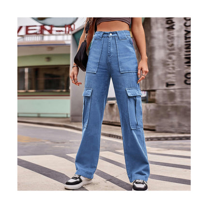 Women Casual Mid Rise Cargo Pants Straight Leg Multiple Pockets Denim Pants