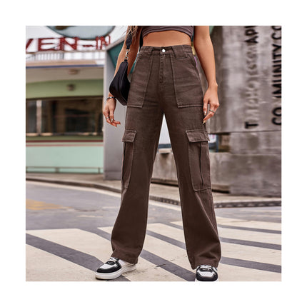 Women Casual Mid Rise Cargo Pants Straight Leg Multiple Pockets Denim Pants