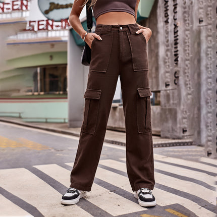 Women Casual Mid Rise Cargo Pants Straight Leg Multiple Pockets Denim Pants