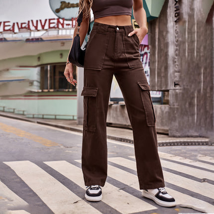 Women Casual Mid Rise Cargo Pants Straight Leg Multiple Pockets Denim Pants