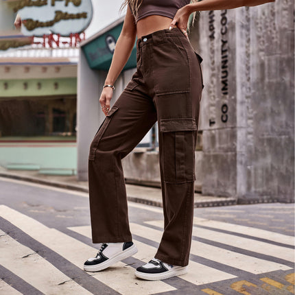 Women Casual Mid Rise Cargo Pants Straight Leg Multiple Pockets Denim Pants