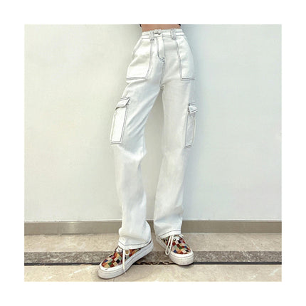 Women Casual Cargo Pants Mid Waist Straight Leg Denim Pants with Pockets