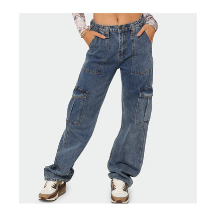 Women Casual Cargo Pants Mid Waist Straight Leg Denim Pants with Pockets