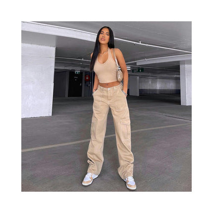 Women Casual Cargo Pants Mid Waist Straight Leg Denim Pants with Pockets