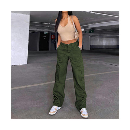 Women Casual Cargo Pants Mid Waist Straight Leg Denim Pants with Pockets