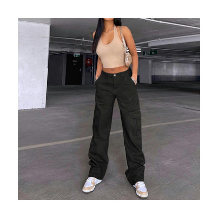 Women Casual Cargo Pants Mid Waist Straight Leg Denim Pants with Pockets