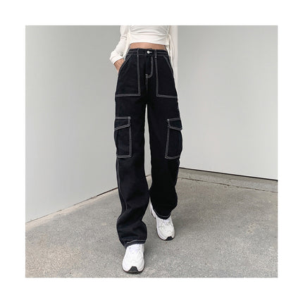 Women Casual Cargo Pants Mid Waist Straight Leg Denim Pants with Pockets