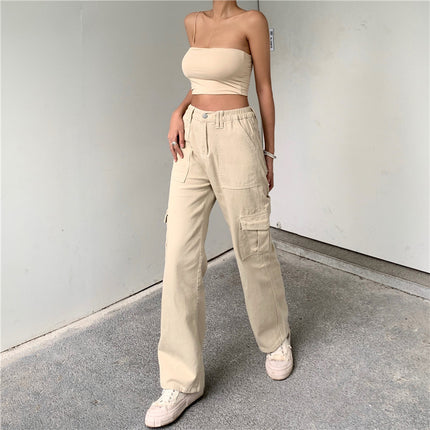 Women Casual Cargo Pants Mid Waist Straight Leg Denim Pants with Pockets