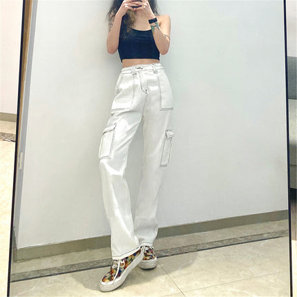 Women Casual Cargo Pants Mid Waist Straight Leg Denim Pants with Pockets