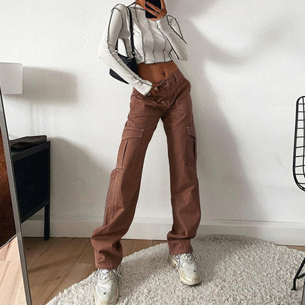 Women Casual Cargo Pants Mid Waist Straight Leg Denim Pants with Pockets