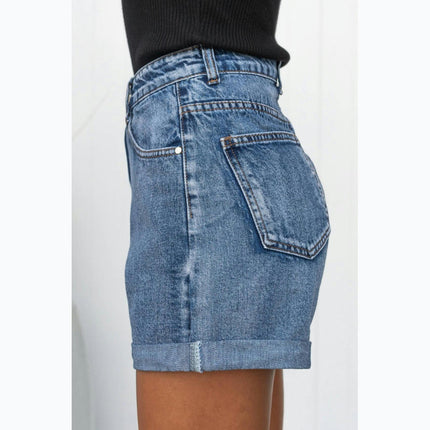 Women's High Waisted Denim Shorts Folded Hem Casual Jeans