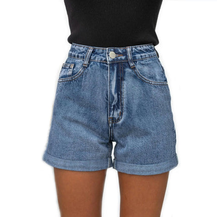 Women's High Waisted Denim Shorts Folded Hem Casual Jeans