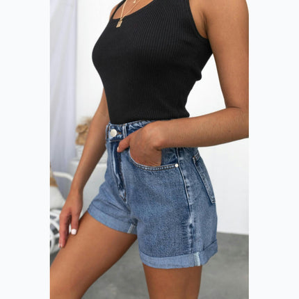 Women's High Waisted Denim Shorts Folded Hem Casual Jeans