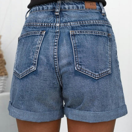 Women's High Waisted Denim Shorts Folded Hem Casual Jeans